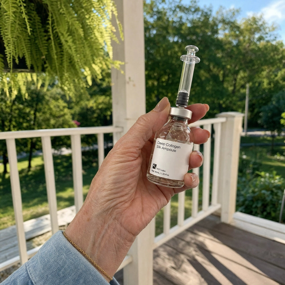 Overhead shot of the 30ml Collagen Silk Ampoule bottle held in a real 68-year-old woman's hand for scale.