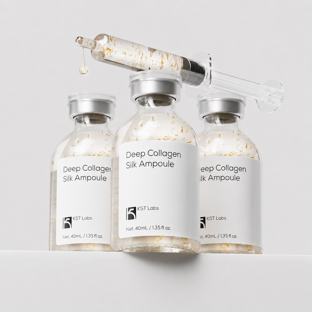 The Collagen Silk Ampoule vial photographed alone against a neutral background, with silk peptide threads visible inside the bottle.