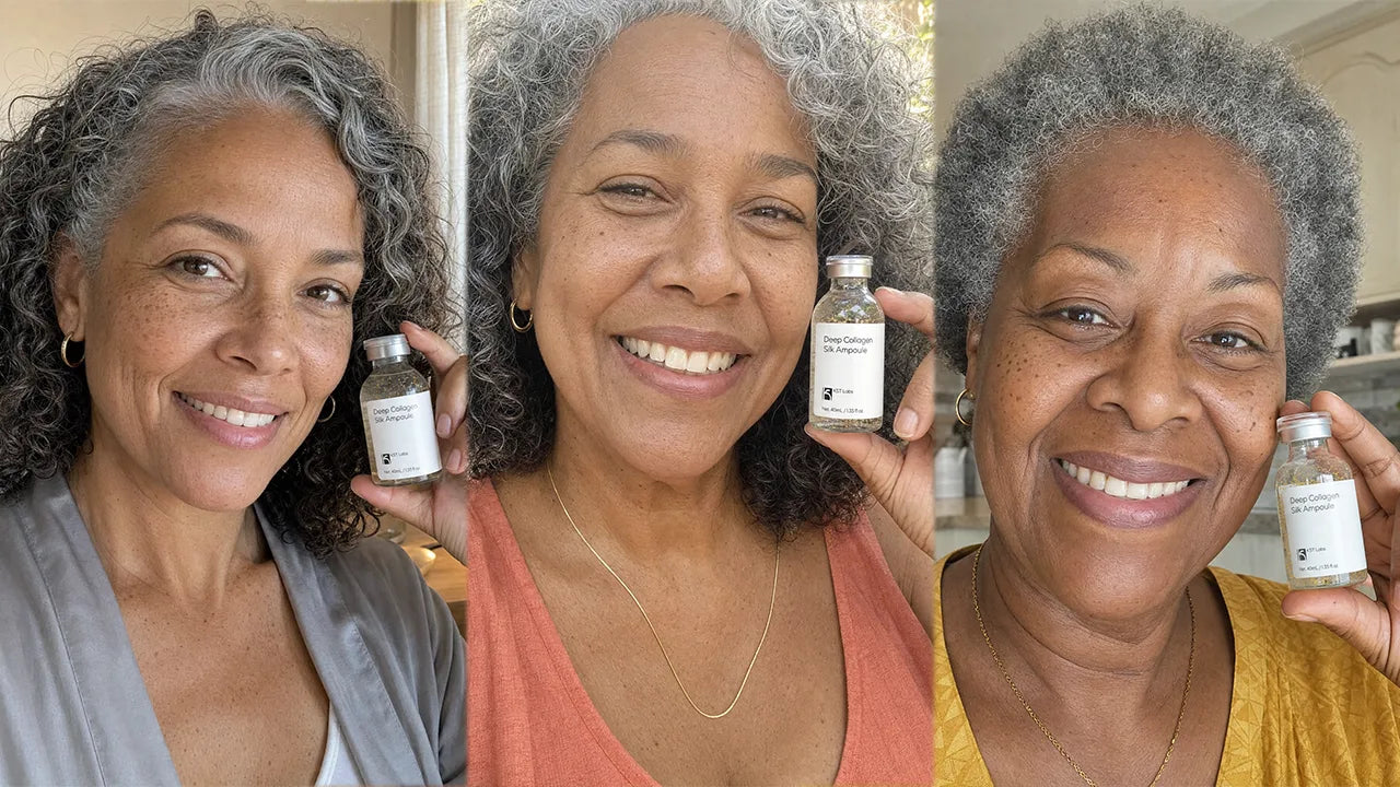 Black woman in her 60s at a bathroom mirror in natural light