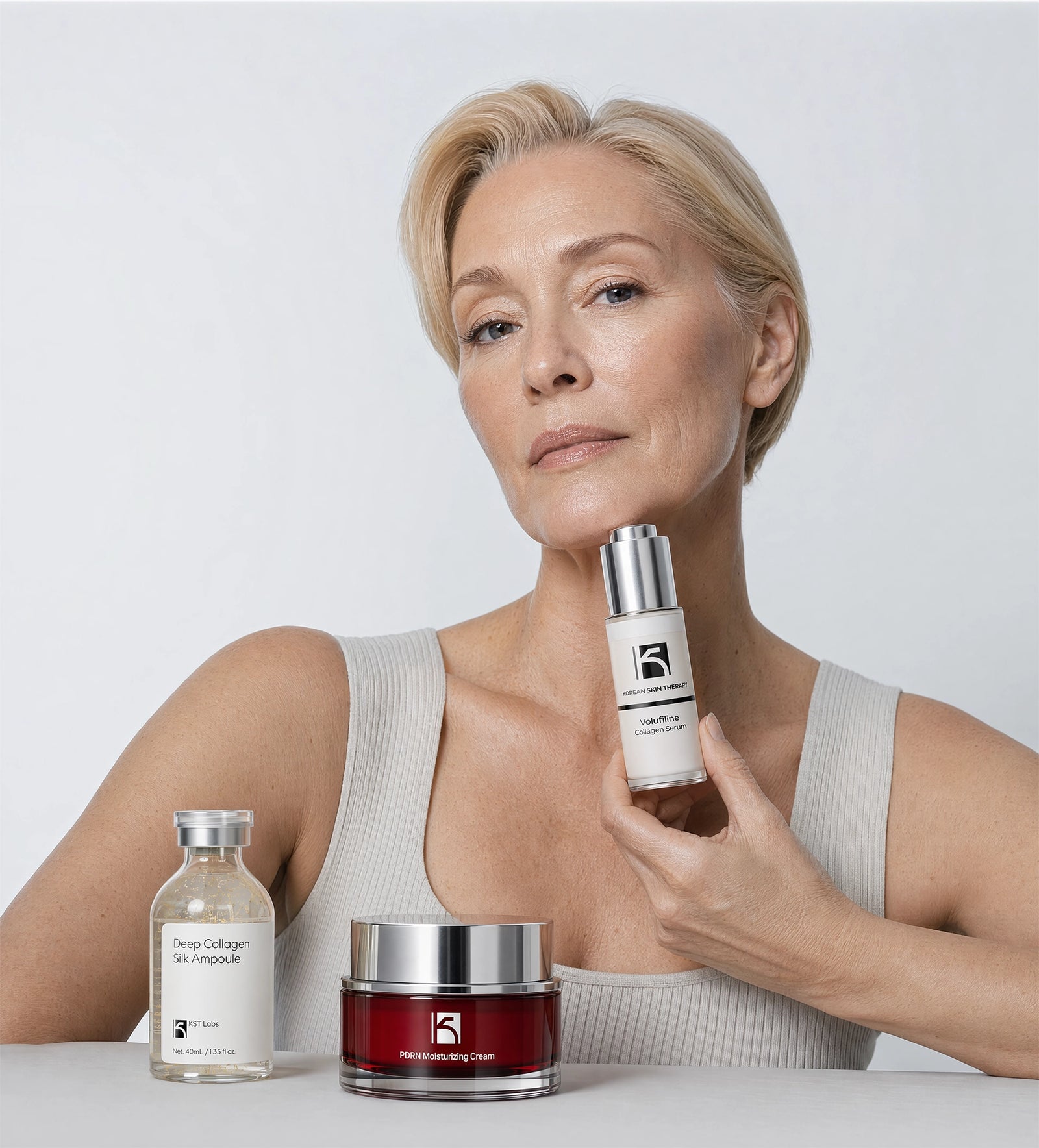 Woman in her sixties at her bathroom mirror with the 3-part protocol on the vanity