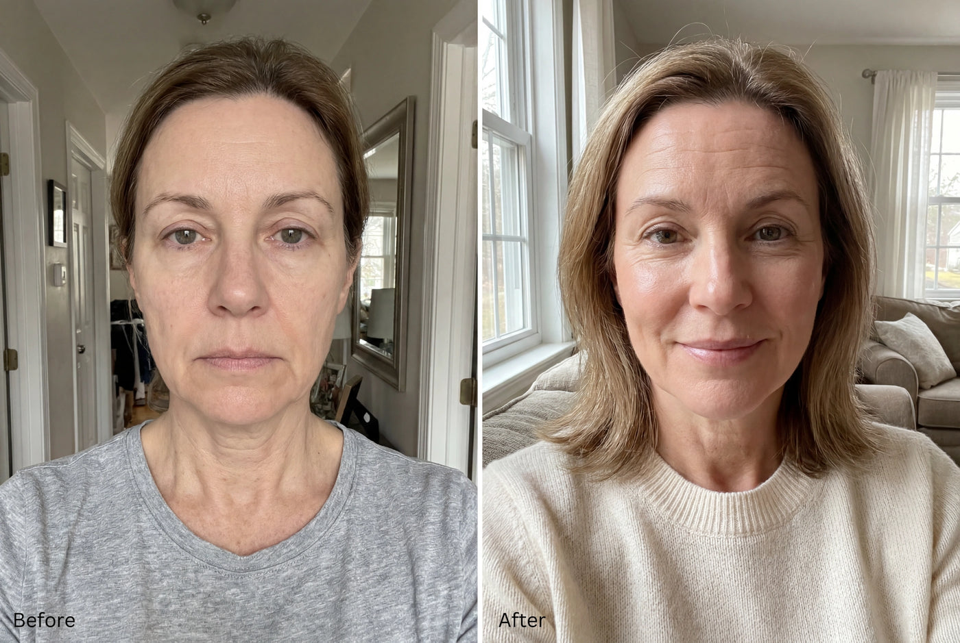 Mature woman with soft natural lift visible, no frozen forehead