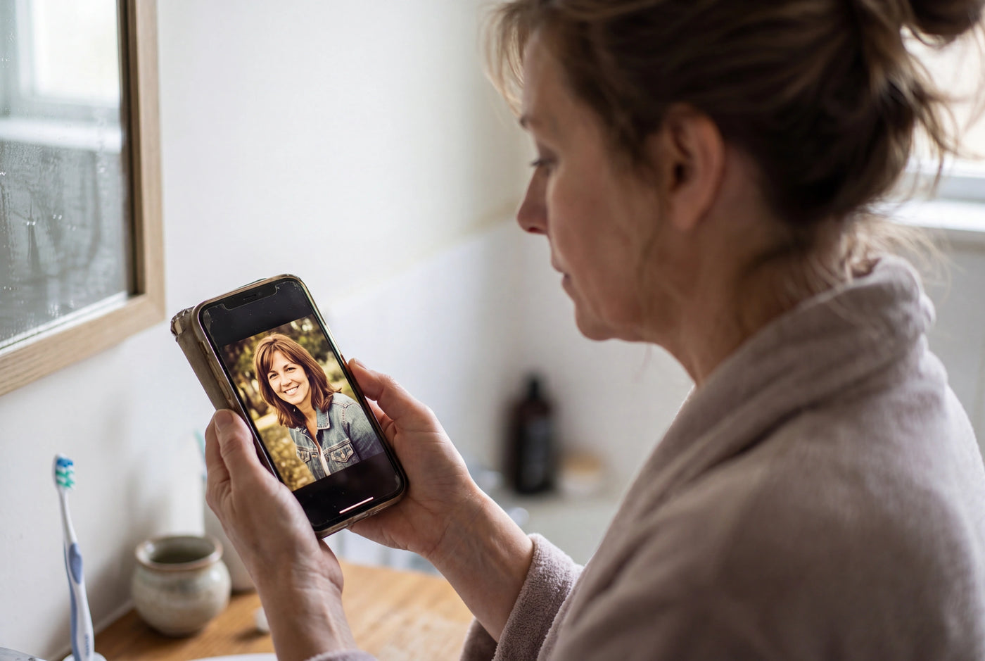 Mature woman looking at a framed photo of her younger self