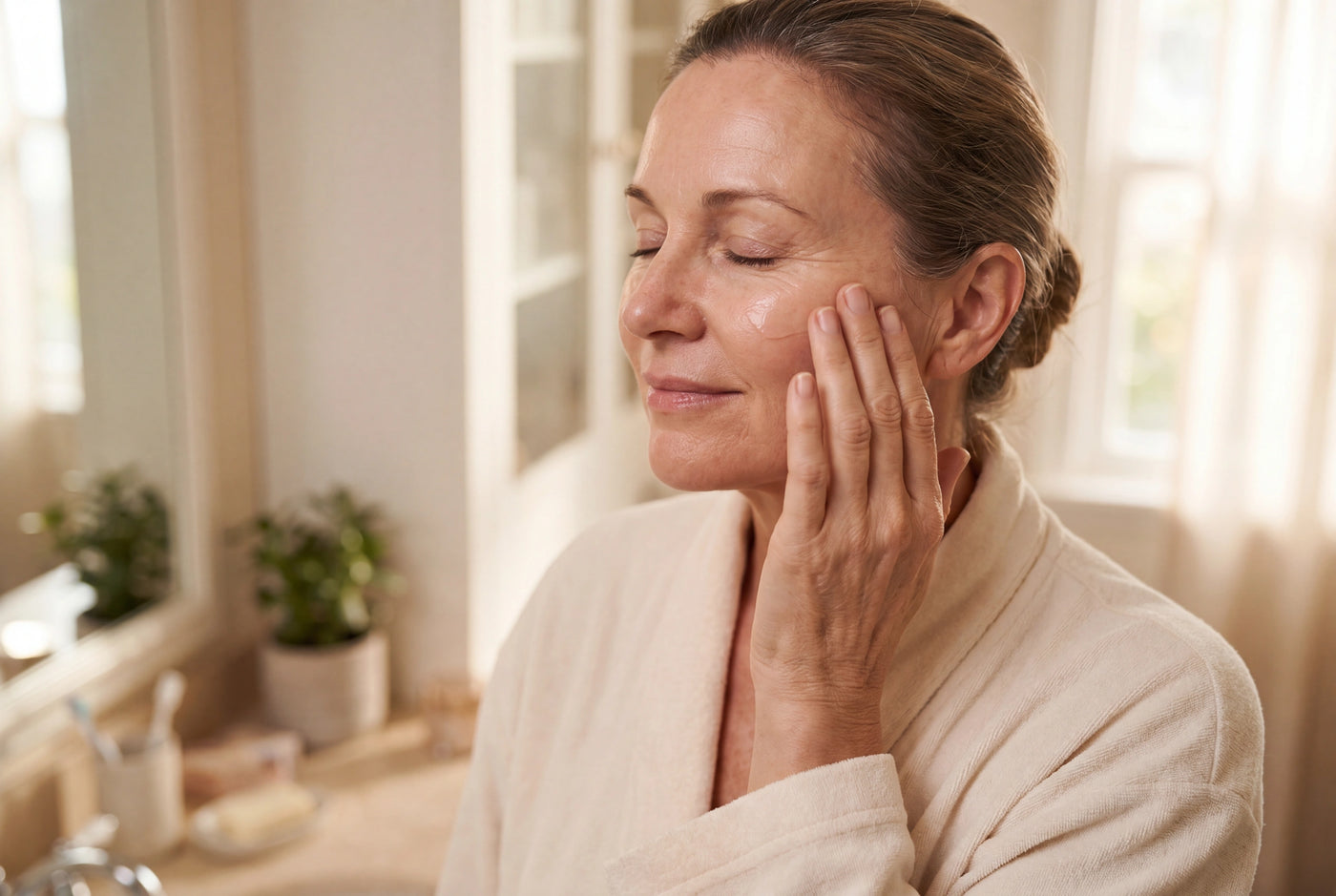 Mature woman gently patting product into her cheek, peaceful expression