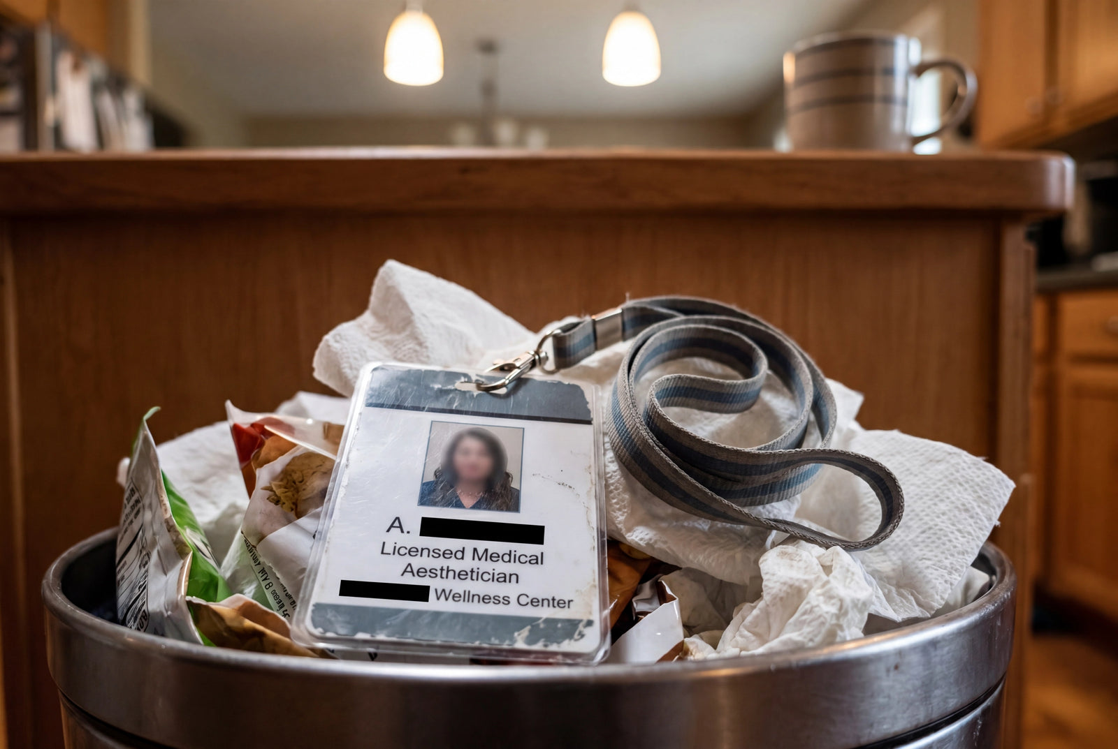 Discarded clinic ID badge resting on a desk