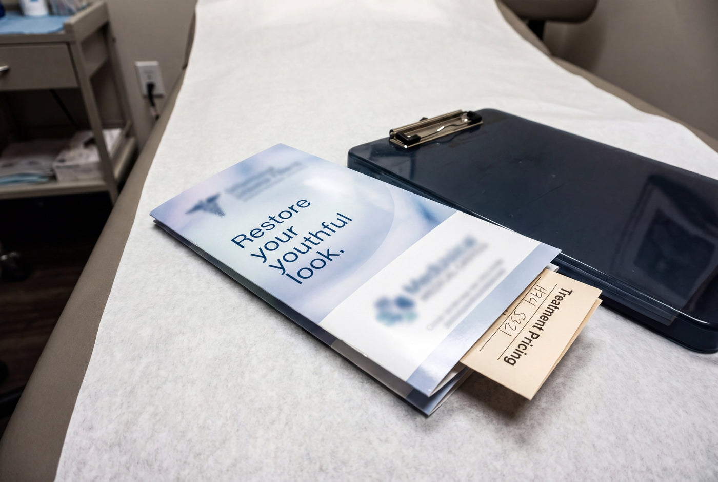 Hands holding a glossy treatment brochure across a clinic exam table
